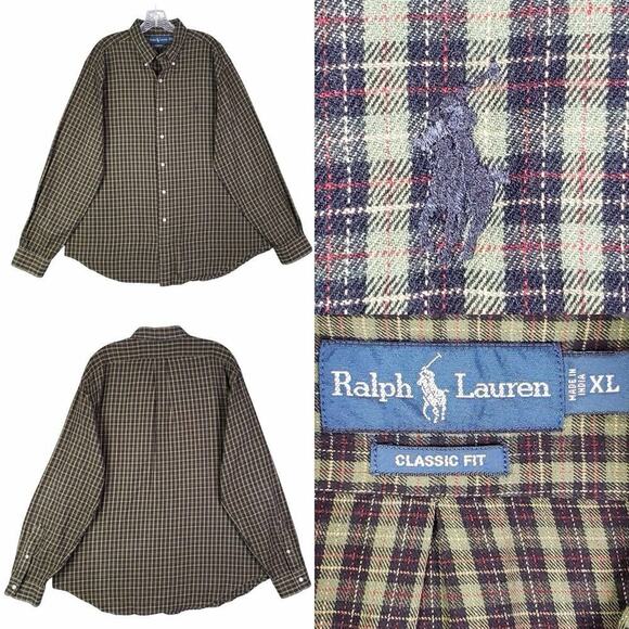 Polo Ralph Lauren Shirt Oxford Flannel Button Down LS Mens Size XL Green Plaid - Picture 1 of 9